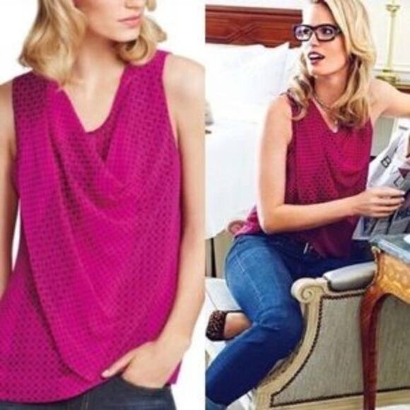 CAbi Brilliant Fuchsia Floral Print Front Drape Sleeveless Blouse Size Medium - Picture 10 of 10